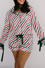 Green Stripe Contrast Velvet Ribbon Knot Christmas 2pcs Pajama Set