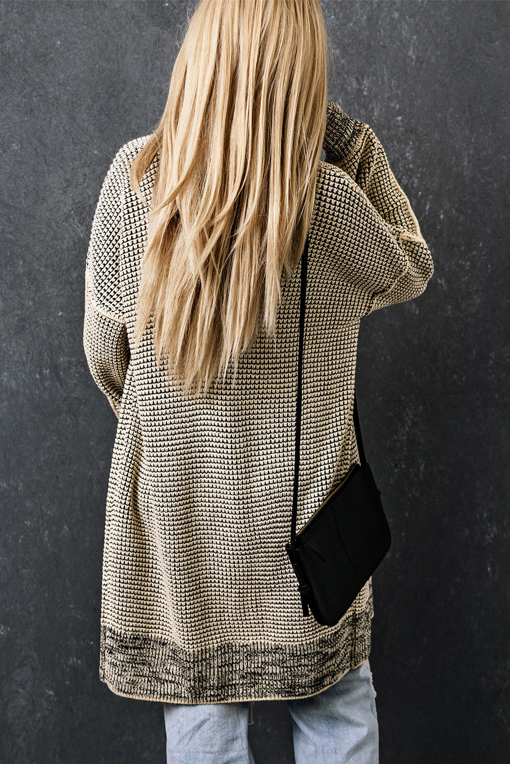 Grey Plaid Knitted Long Open Front Cardigan