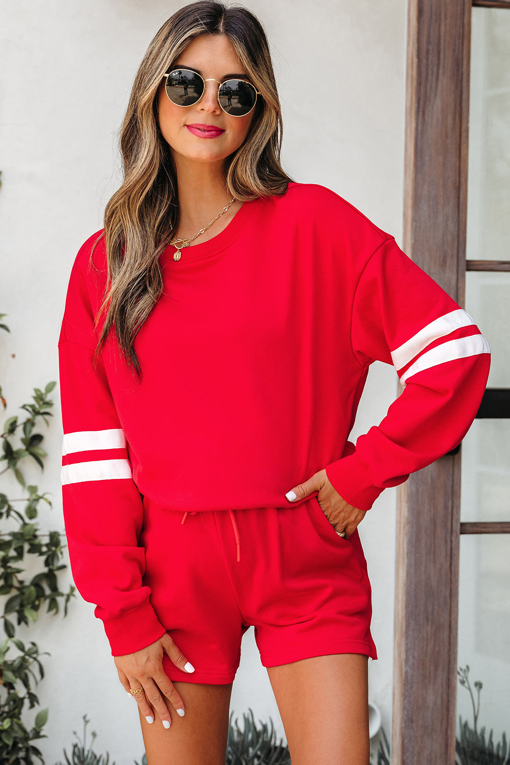 Varsity Striped Sleeve Drop Shoulder Sweatshirt and Short Set