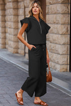 Pink Textured Ruffled Sleeve Zipped Top and Wide Leg Pants Set