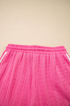Bright Pink Textured Color Block Trim Loose Tee Drawstring Shorts 2pcs Set