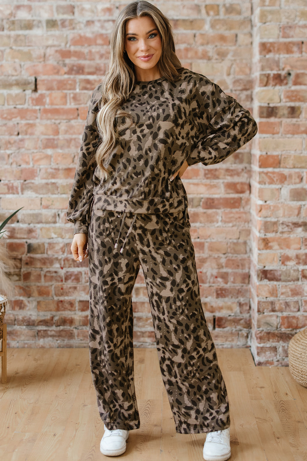 Leopard Print Raw Seam Patchwork Pullover Drawstring Loose Pant Set