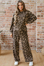 Leopard Print Raw Seam Patchwork Pullover Drawstring Loose Pant Set