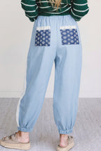 Beau Blue Lace Accent Floral Patched Pocket Pleated Wide Leg Slouchy Pants