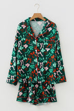 Green Festive Bow Print Long Sleeve Shirt and Pyjama Short Set