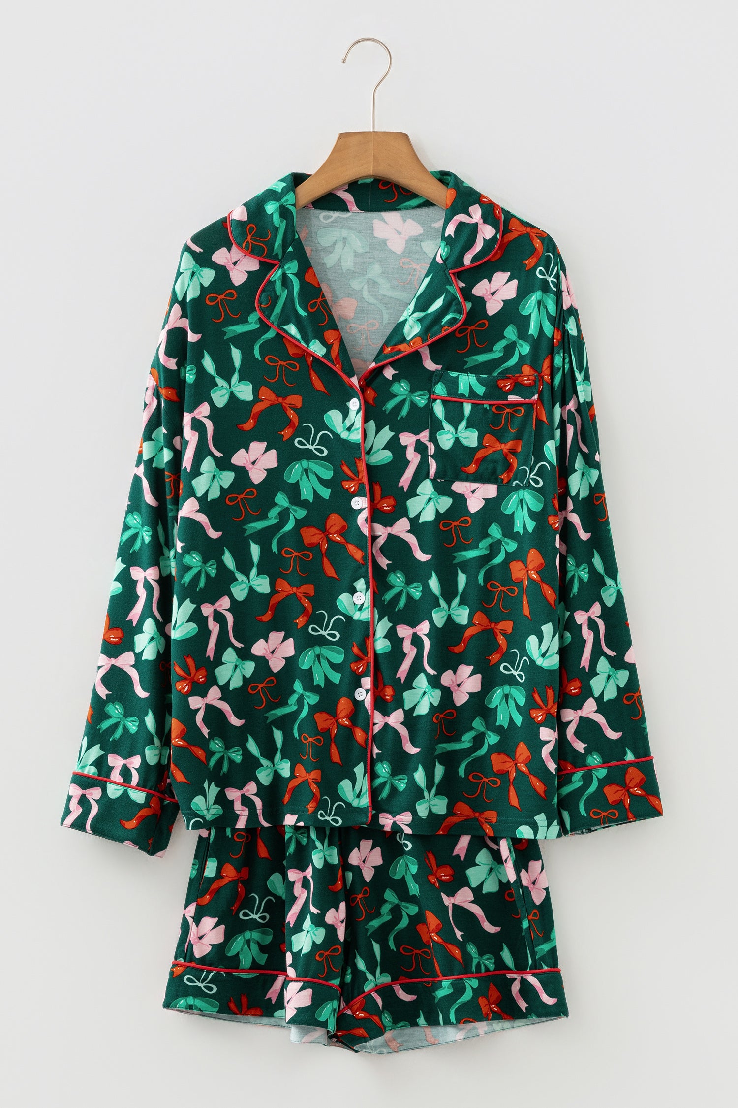 Green Festive Bow Print Long Sleeve Shirt and Pyjama Short Set