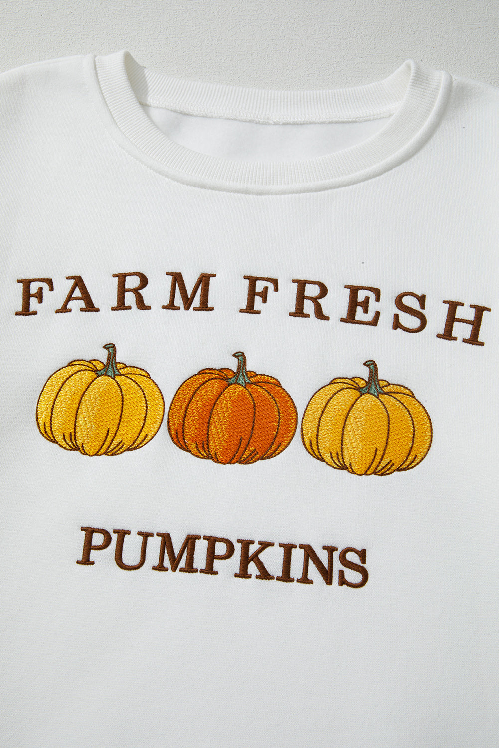 White FARM FRESH PUMPKINS Embroidered Graphic Thanksgiving Holiday Sweatshirt