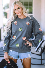 Gray Christmas Candy Sequin Graphic Ribbed Corded Baggy Sweatshirt
