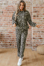 Leopard Print Raw Seam Patchwork Pullover Drawstring Loose Pant Set