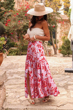 Bohemian Floral Print Tiered Maxi Skirt with Split