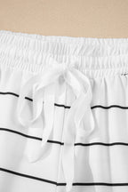 White Stripe Zip up Drop Shoulder Pullover and Shorts 2pcs Outfit