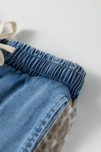 Beau Blue Drawstring Elastic Waist Leopard Striped Side Panel Wide Leg Jeans