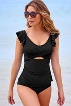 Black Solid Color Ruffle Detail Crossed Cutout Slim Tankini 2pcs Swimsuit
