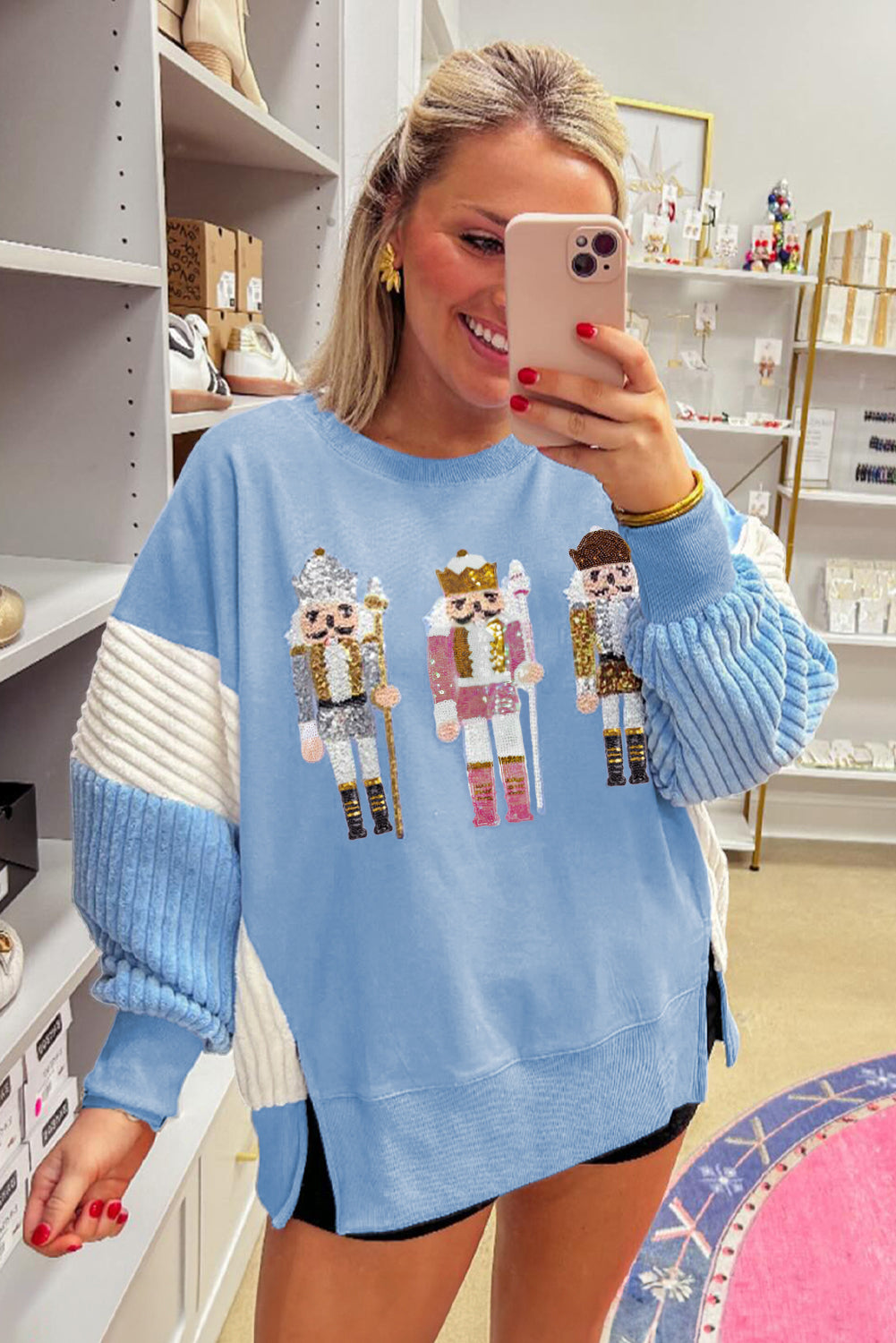 Beau Blue Sequin Nutcracker Textured Sleeve Patchwork Color Block Sweatshirt