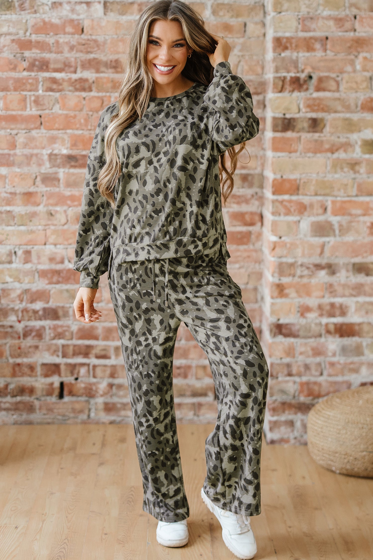 Leopard Print Raw Seam Patchwork Pullover Drawstring Loose Pant Set