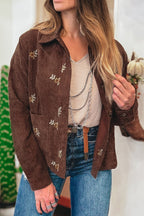Coffee Floral Embroidered Collar Button Front Corduroy Jacket With Pocket