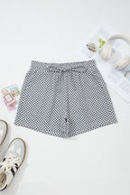 Grey Checkerboard Print Drawstring Elastic Waist Pocketed Shorts