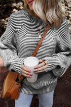 Coffee Striped Print Ribbed Knit Boat Neck Baggy Sweater