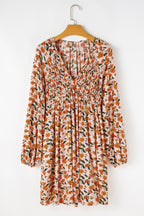 Black Floral Deep V Neck Smocked Bust Bubble Sleeve Babydoll Dress