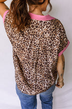 Leopard Print Contrasted Trim Animal Short Sleeve Shirt