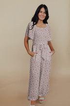 White Smocked Short Sleeve Wide Leg Floral Print Jumpsuit