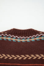 Brown Ethnic Pattern Mohair Knitted Drop Shoulder Sweater