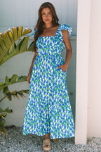 Floral Print Square Neck Ruffled Strap Maxi Dress