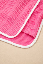 Bright Pink Textured Color Block Trim Loose Tee Drawstring Shorts 2pcs Set