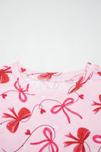 Red Romantic Bow Print Loose Tee Drawstring Shorts 2pcs Lounge Set