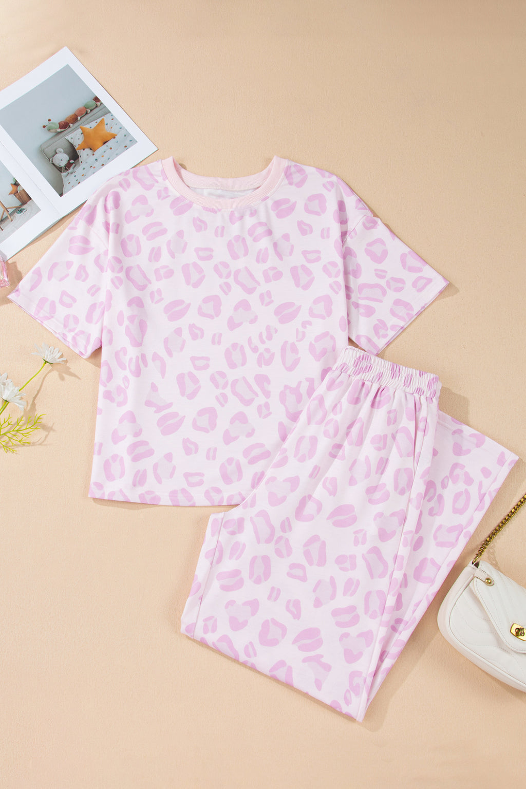 Pink Leopard Two Piece Top and Pants Set