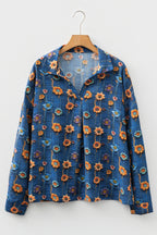 Blue Floral Collared V Neck Roll up Sleeve Shift Blouse