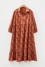 Cinnamon Plus Size Textured 3D Flower Pattern Ruffle Hem 3/4 Sleeve Long Dress