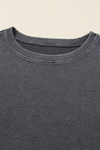 Dark Grey Waffle Knit Patchwork Long Sleeve Loose Top