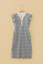 Blue Stripe Ruffled Short Sleeve Contrast Trim Button Notched Neck Midi Dress