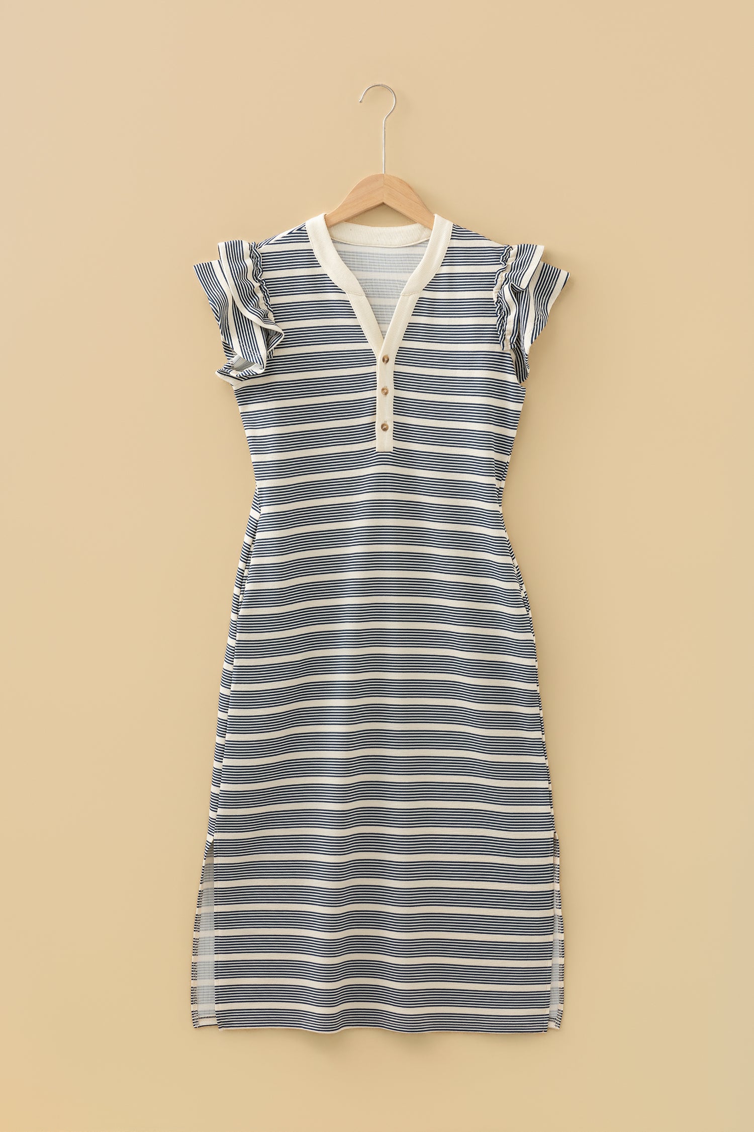 Blue Stripe Ruffled Short Sleeve Contrast Trim Button Notched Neck Midi Dress
