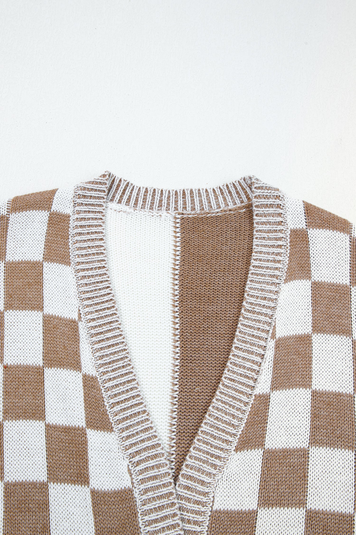 Brown Plus Size Checkered Bubble Sleeve Drop Shoulder Open Cardigan