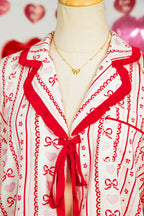 Red Sweet Floral Heart Bow Print Contrast Trim Long Sleeve Shirt Pyjama Short Set