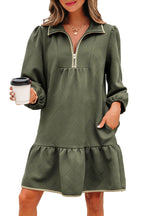Jungle Green Quarter Zip Collar Bracelet Sleeve Textured Mini Dress