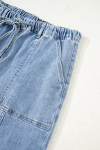 Beau Blue Drawstring Seam Detail Raw Hem Wide Leg Denim Pants