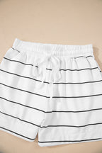 White Stripe Zip up Drop Shoulder Pullover and Shorts 2pcs Outfit
