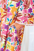 Pink Floral Print Lace Trimmed Tie Back Bell Sleeve Swing Mini Dress