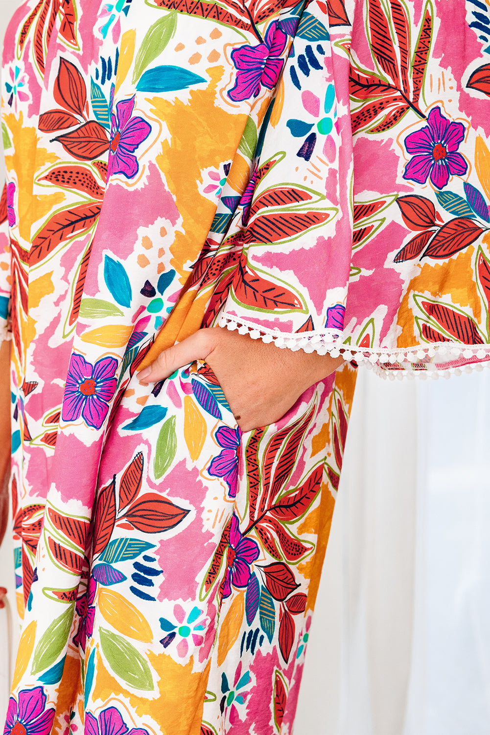 Pink Floral Print Lace Trimmed Tie Back Bell Sleeve Swing Mini Dress