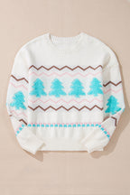 White Striped Christmas Tree Ribbed Trim Drop Shoulder Sweater