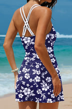 Blue Crossed Back Floral Print Asymmetric Knot Side One Piece Swimsuit