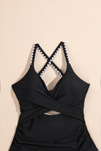 Beau Blue Ric Rac Trim Contrasted Patchwork Cutout One Piece Swimsuit