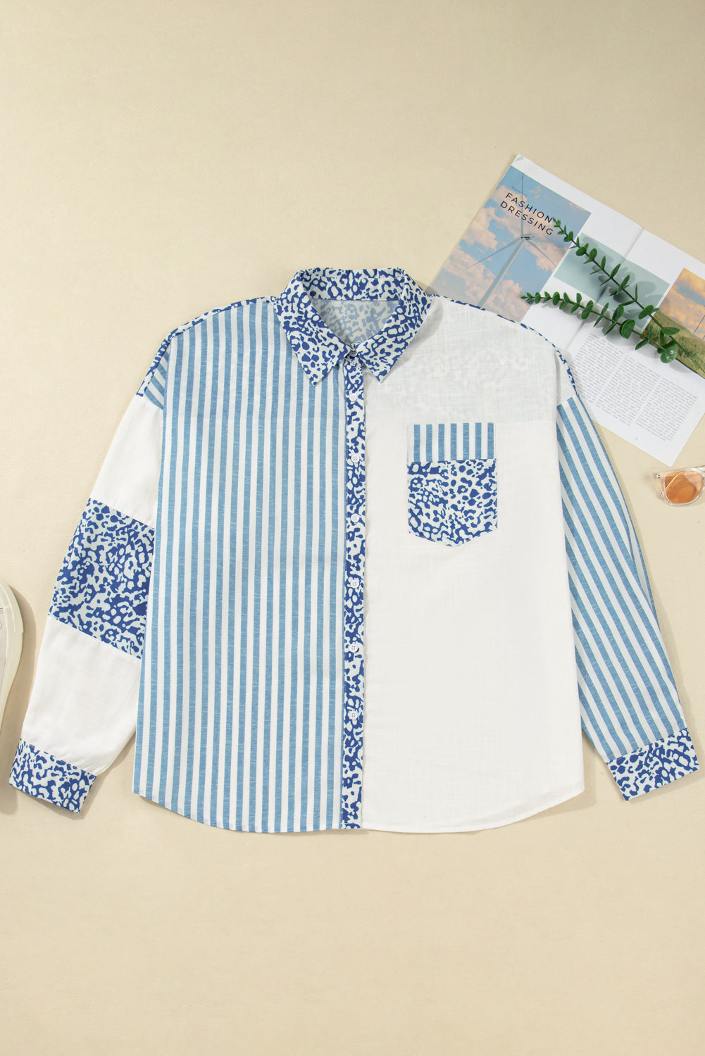 Sky Blue Leopard Striped Patchwork Casual Plus Size Shirt