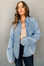 Myosotis Elastic Edge Collared Zip Up Denim Jacket With Pocket