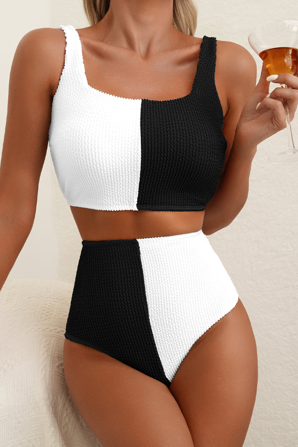 Corded Solid Square Neck Bikini Swimsuit