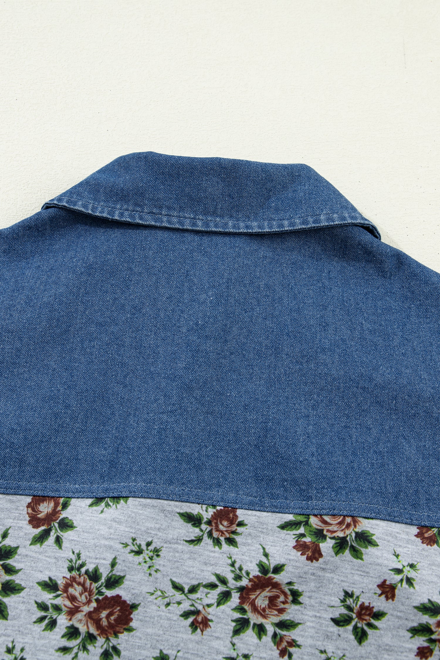 Gray Retro Floral Print Denim Patchwork Buttoned Polo Collar Top