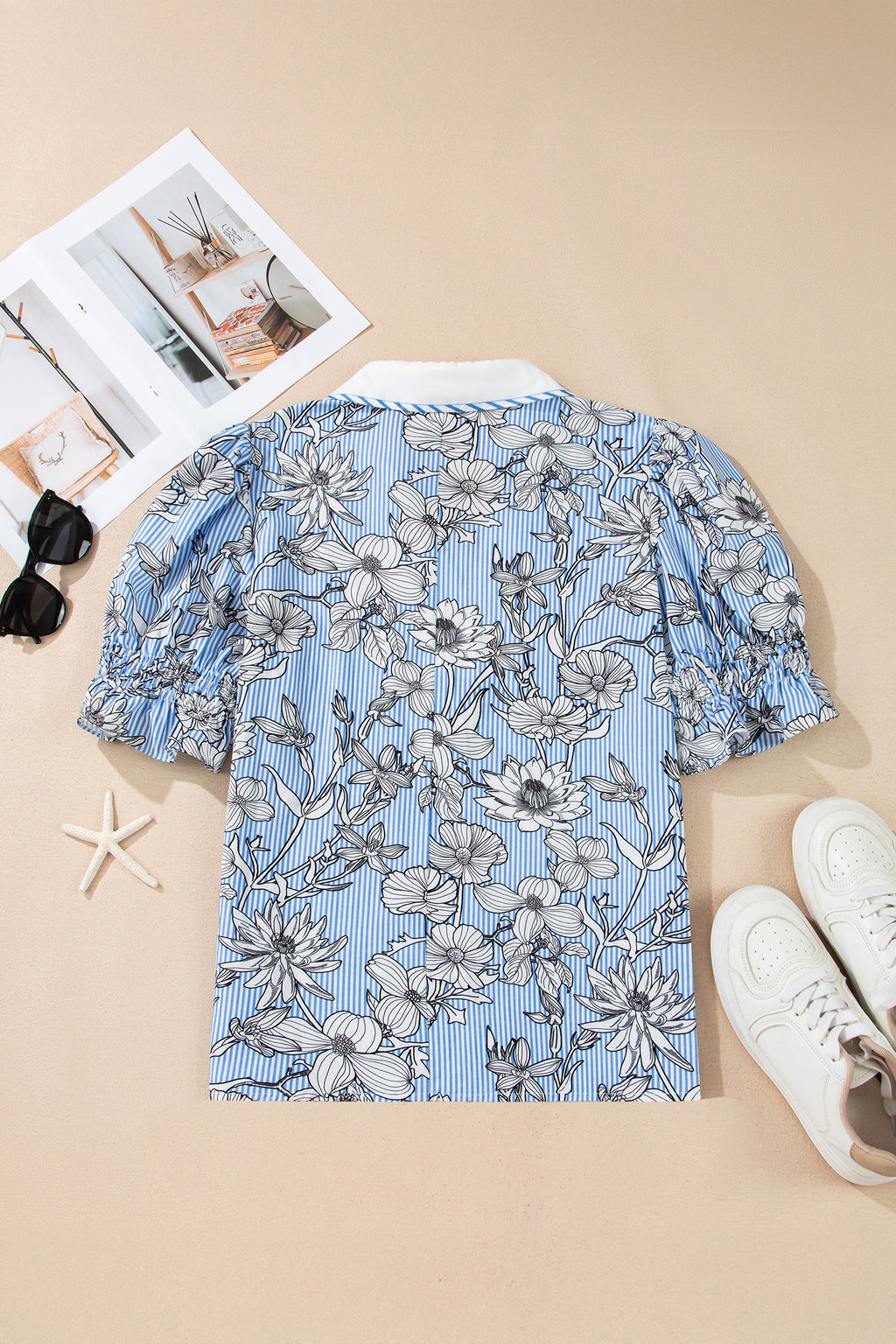Sky Blue Floral Striped Printed Polo Collar Short Sleeve Blouse